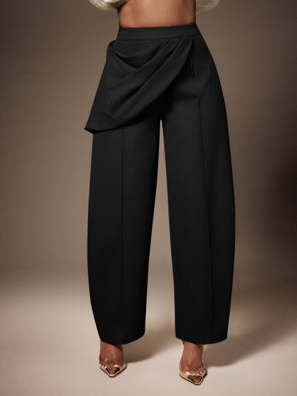 Black Elegant Women's High Waisted Regular Fit Curved Pleated Zip Fly Long Pants - Picture 3 of 5
